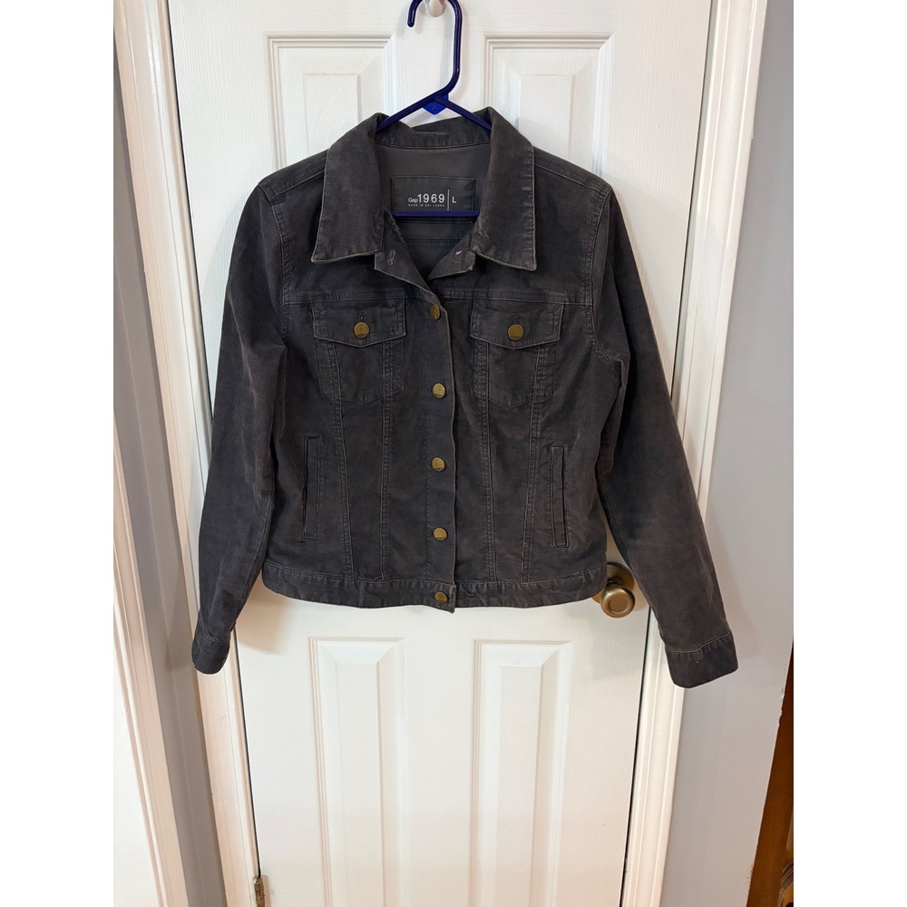 Gap 1969 Corduroy Trucker Jacket Womens Large Gray Button Front Long Sleeve